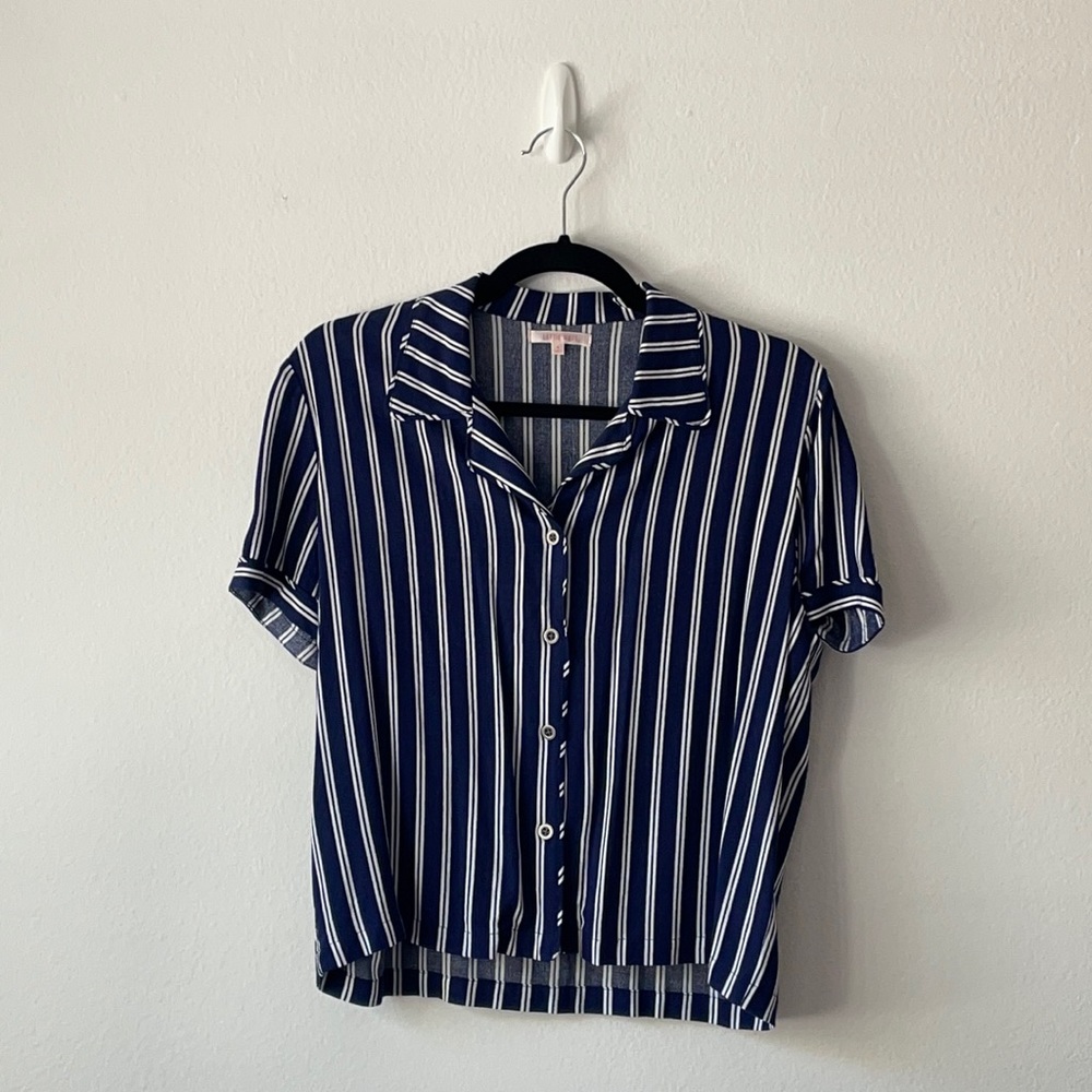 Blue striped, cropped collared shirt